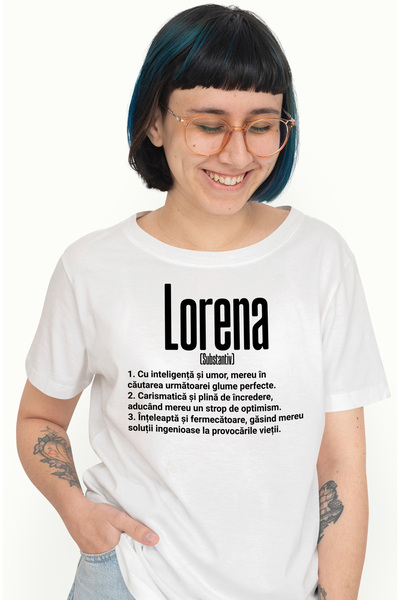 StoryGift Romania Tricou Femei Cu Numele Lorena, si Mesaj Motivational, Glumeata, Carismatica, Int WHT_L