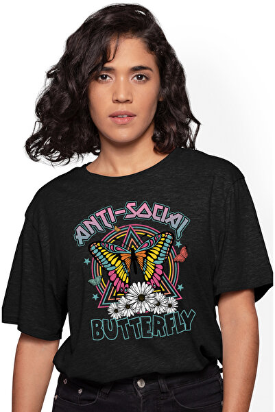 StoryGift Romania Tricou Femei cu un fluture colorat cu mesajul "Anti-social butterfly", ilustrati BLK_L