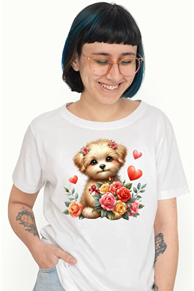 StoryGift Romania Tricou Femei cu un catelus care tine un buchet cu trandafiri, ilustratie, inimio WHT_L