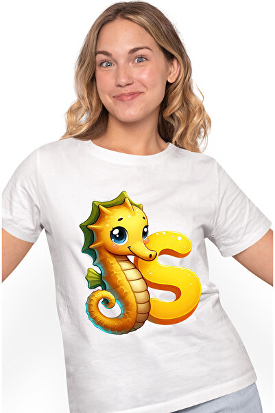 StoryGift Romania Tricou Femei cu un calut de mare cu litera "S", ilustratie,...