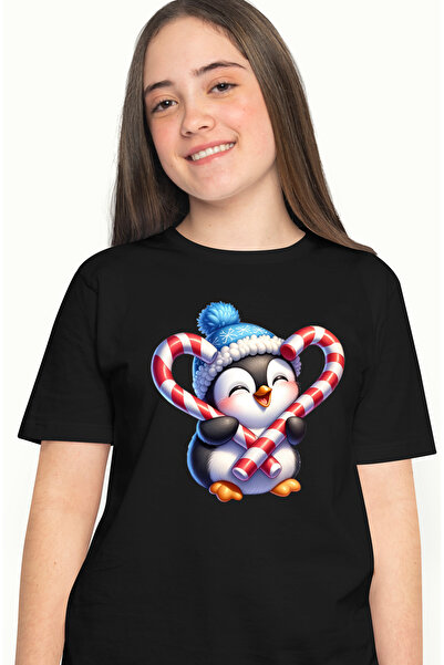 StoryGift Romania Tricou Femei cu un pui de pinguin care tine 2 acadele, ilustratie, dulciuri, fes BLK_L