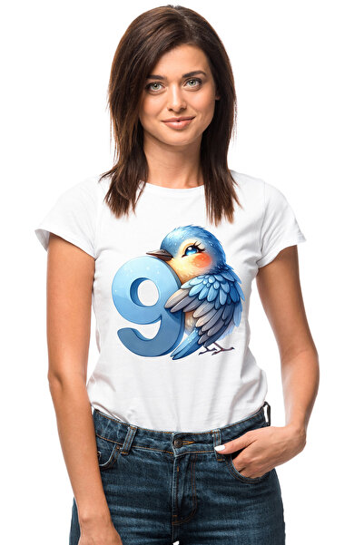StoryGift Romania Tricou Femei cu o pasare albastra cu cifra 9, ilustratie, p...