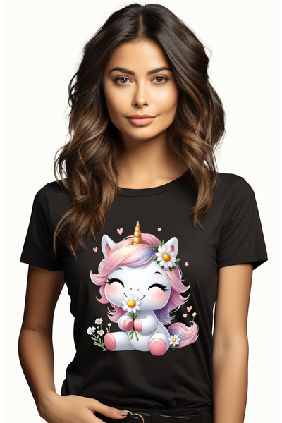 StoryGift Romania Tricou Femei cu un unicorn care tine o floare, ilustratie, ...