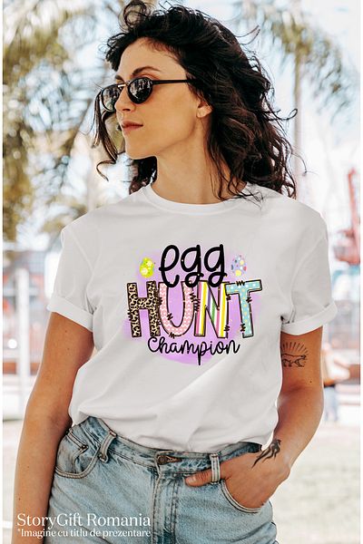 StoryGift Romania Tricou Femei cu mesajul "Egg hunt champion", campion la vanatoarea de oua, Paste WHT_L