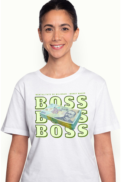 StoryGift Romania Tricou Femei Boss - 100 Lei Romanesti, cu imprimeu pe Fata,...
