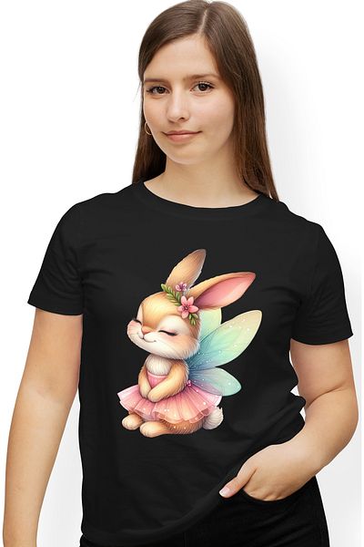 StoryGift Romania Tricou Femei cu o iepuroaica zana, ilustratie, aripi colorate, fusta, floricele, BLK_L