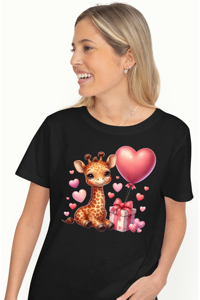 StoryGift Romania Tricou Femei cu un pui de girafa vesel, ilustratie, inimioa...