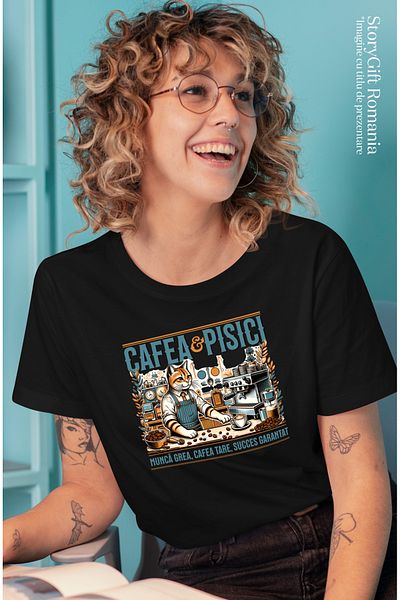 StoryGift Romania Tricou Femei cafea si pisici barista iubitorii de motan cu imprimeu pe Fata, 100 BLK_L