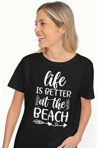 StoryGift Romania Tricou Femei cu mesajul "Life is better at the beach" - viata e mai buna pe plaj BLK_L