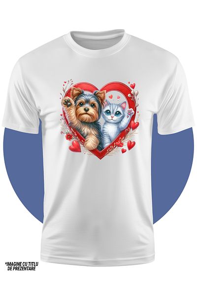 StoryGift Romania Tricou Copii Cu O Pisicuta Si Un Catel Blanos Care Fac Cu Mana, Ilustratie, Cadru In Forma