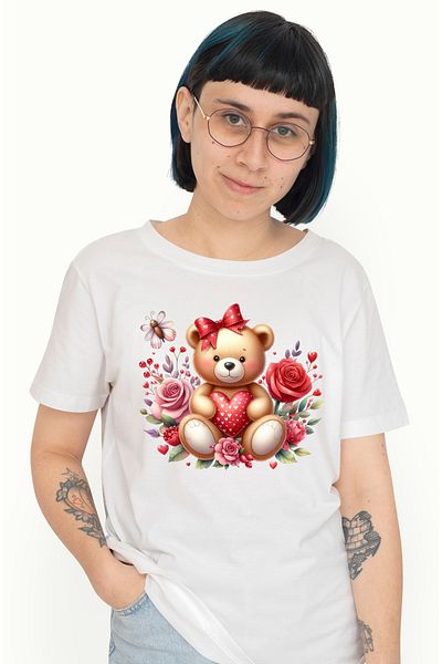 StoryGift Romania Tricou Femei cu un ursulet de plus, ilustratie, inimioare, trandafir, iubire, fl WHT_M