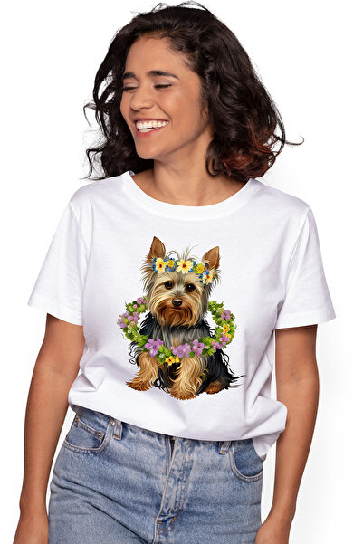 StoryGift Romania Tricou Femei cu un catelus foarte blanos, ilustratie, coroane din flori, plante, WHT_L