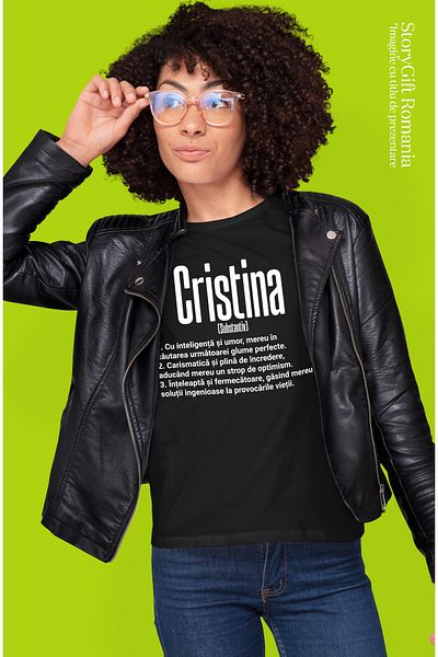 StoryGift Romania Tricou Femei Cu Numele Cristina, si Mesaj Motivational, Glumeata, Carismatica, I BLK_L