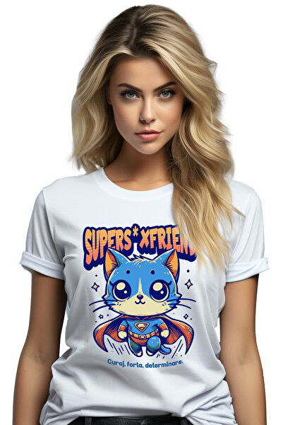 StoryGift Romania Tricou Femei Super SxFriend, SuperErou, Pisica Zburand, cu imprimeu pe Fata, 10 WHT_L