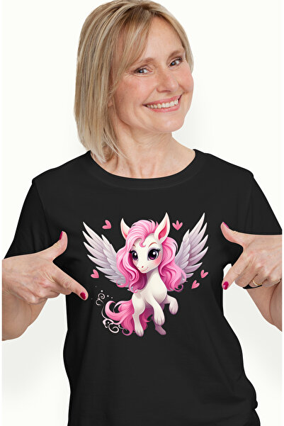StoryGift Romania Tricou Femei cu un ponei cu aripi, roz, ilustratie, inimioare, imbujorata, feric BLK_L