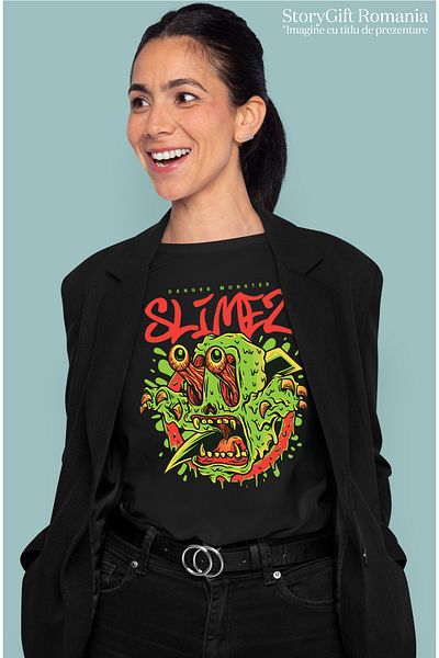 StoryGift Romania Tricou Femei Cu Slime Verde Infricosator Cu Ochii Iesiti Si Colti Ascutiti, Text BLK_L