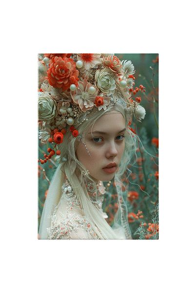 StoryGift Romania Tablou Canvas Fată Blondă Accesorizată Cu O Coroană De Flori Roșii De Câmp- Mărgele Și Ochi Alb