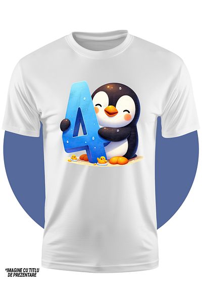 StoryGift Romania Tricou Copii Cu Un Pinguin Vesel Care Tine Cifra "4", Ilustratie, Scoala, Elevi, Matematic