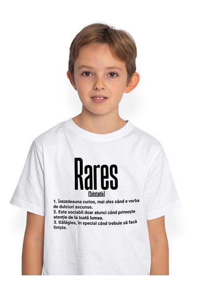 StoryGift Romania Tricou Copii Baieti Cu Numele Rares, Cu Mesaj Amuzant, Curios, Sociabil, Galagios 100% Bum