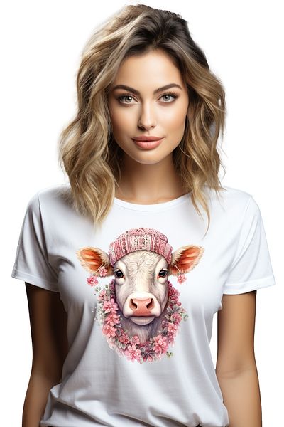 StoryGift Romania Tricou Femei cu o vacuta cu caciula, ilustratie, lantisor din floricele, natura, WHT_L