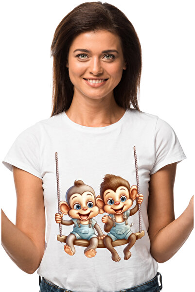 StoryGift Romania Tricou Femei cu 2 maimute care se dau in leagan, ilustratie, amice, copilarie, j WHT_L