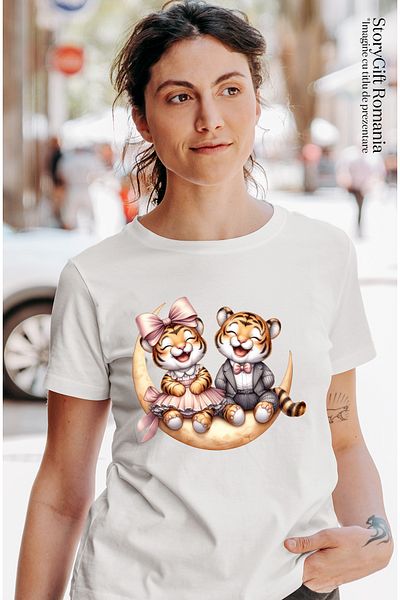 StoryGift Romania Women's T-shirt with 2 laughing tigers, illustration, having fun, friendship, affection, WHT_L