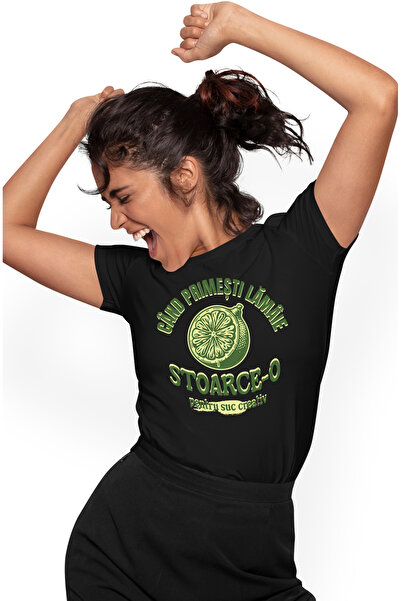 StoryGift Romania Tricou Femei Cand primesti lamaie, stoarce-o limonada cu imprimeu pe Fata, 100% BLK_L