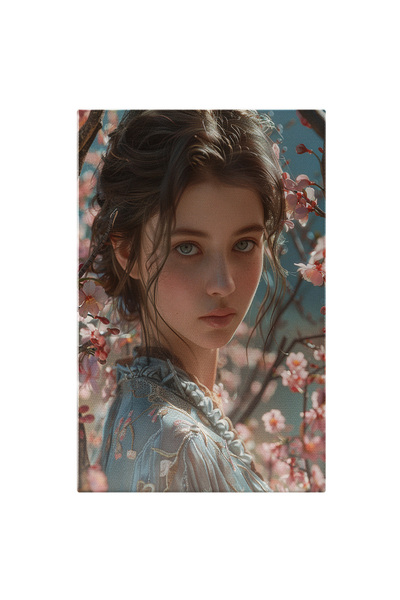 StoryGift Romania Tablou Canvas: O Tanara Duioasa Intre Crengi Inflorate - Taina , Melancolie Pictura Digitala