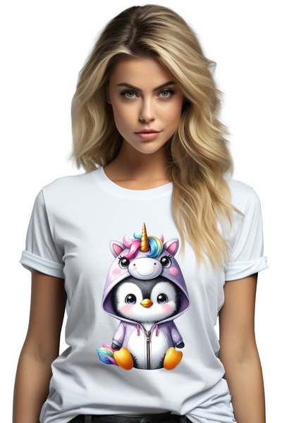 StoryGift Romania Tricou Femei cu un pinguin deghizat in unicorn, ilustratie,...