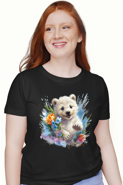 StoryGift Romania Tricou Femei cu un ursulet polar vesel, ilustratie, flori, ...