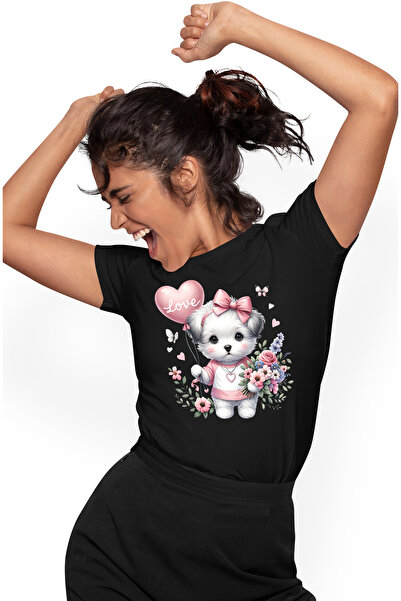 StoryGift Romania Tricou Femei cu un catelus blanos, ilustratie, tine un balo...