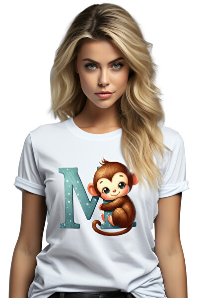 StoryGift Romania Tricou Femei cu o maimuta cu litera "M", ilustratie, pentru copii, scoala, elev, WHT_L