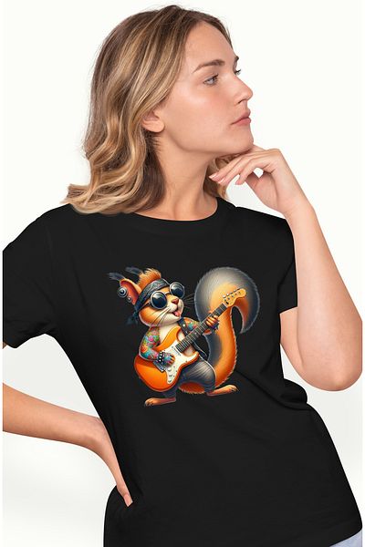 StoryGift Romania Tricou Femei cu o veverita care canta la chitara, tatuata, ochelari, muzica, mel BLK_L