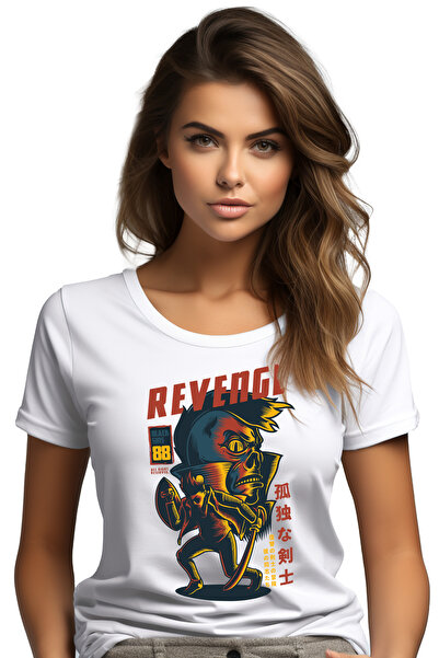 StoryGift Romania Tricou Femei Cu Om Ninja Assasin, Tinuta cU Guler Inalt, Text IN Engleza Revenge WHT_L