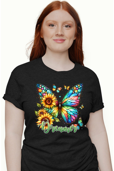 StoryGift Romania Tricou Femei cu fluture cu aripi multicolore si cu flori cu...