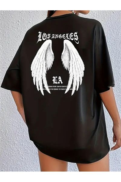 LAND MODA Women's Black Short Sleeve Crew Neck T-Shirt White Wing & Los Angeles