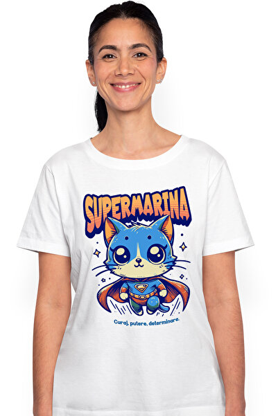 StoryGift Romania Tricou Femei Super Marina, SuperErou, Pisica Zburand, cu imprimeu pe Fata, 100% WHT_M