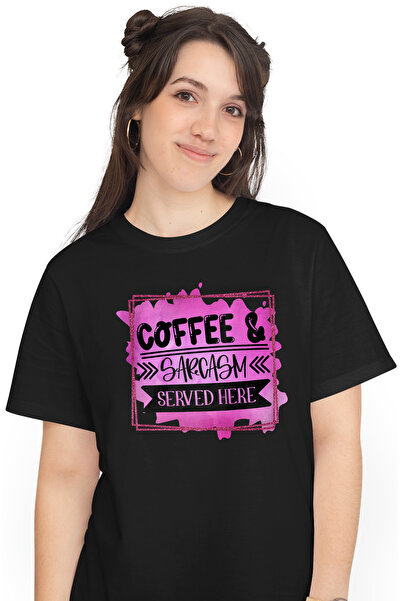 StoryGift Romania Tricou Femei cu mesajul "Coffee & Sarcasm served here", ilu...