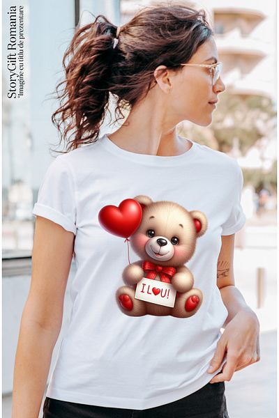 StoryGift Romania Tricou Femei cu un ursulet de plus care tine un biletel cu mesajul "I love you", WHT_L