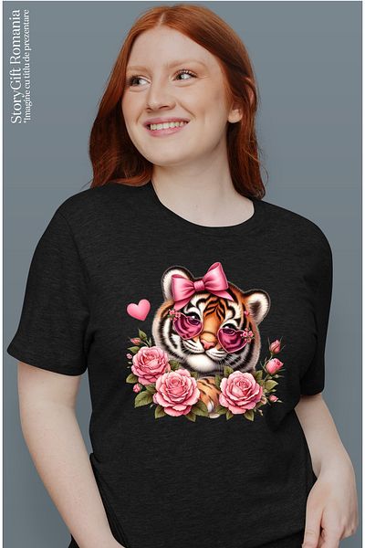 StoryGift Romania Women's T-shirt with a tiger cub wearing heart-shaped glasses BLK_L