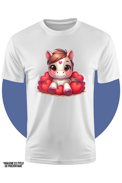 StoryGift Romania Tricou Copii Cu Un Calut Vesel Care Are O Inimioara Pe Frunte, Multe Inimi In Jur, Fericir