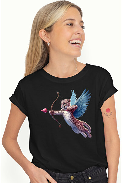 StoryGift Romania Tricou Femei cu un jaguar Cupidon, ilustratie, trage cu arcul, aripi, Valentine' BLK_L