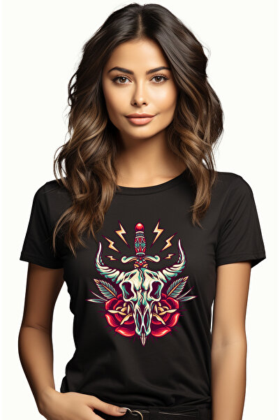 StoryGift Romania Tricou Femei Cu Craniu, Pumnal, Trandafiri, Frunze, Fulgere...