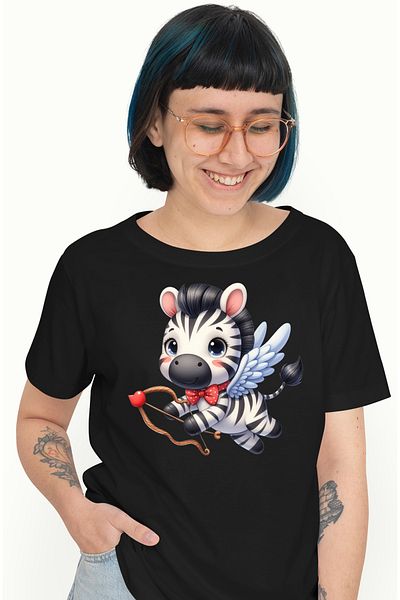 StoryGift Romania Women's T-shirt with a zebra shooting a bow, flying, wings, Cupid, in love BLK_L