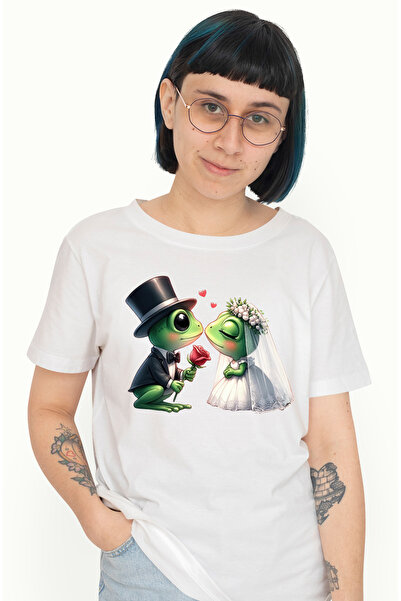 StoryGift Romania Tricou Femei cu 2 broaste la nunta, ilustratie, inimioare, ...