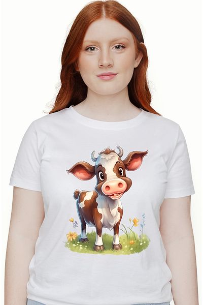 StoryGift Romania Tricou Femei cu o vacuta surprinsa, ilustratie, pe camp, paste, natura, iarba, v WHT_L