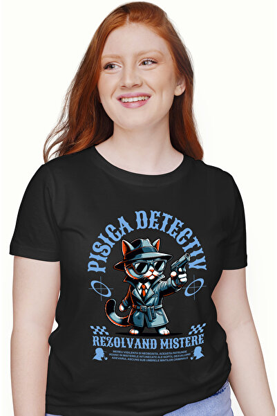 StoryGift Romania Tricou Femei Pisica Detectiv Rezolvand Mistere - Sherlock Cat, cu imprimeu pe F BLK_L