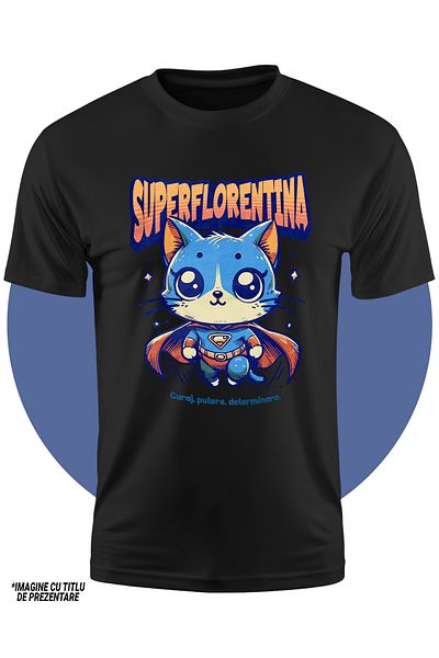StoryGift Romania Tricou Copii Fete Super Florentina, Supererou, Pisica Zburand 100% Bumbac, Unisex, Negru,