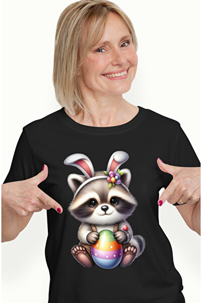 StoryGift Romania Tricou Femei cu un raton micut, ilustratie, ou vopsit, jucaus, urechi de iepuras BLK_M