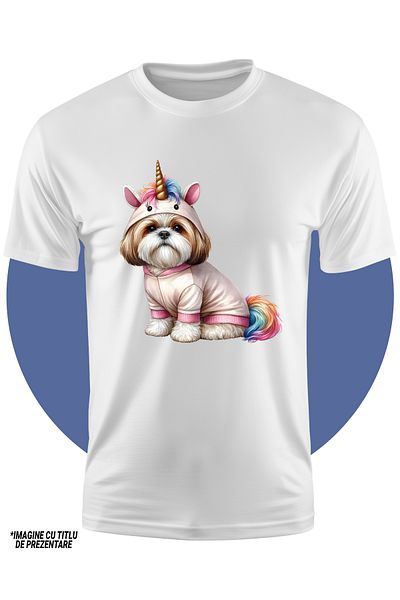 StoryGift Romania Tricou Copii Cu Un Catel Blanos In Costum De Unicorn, Ilustratie, Serios, Ascultator, Prie